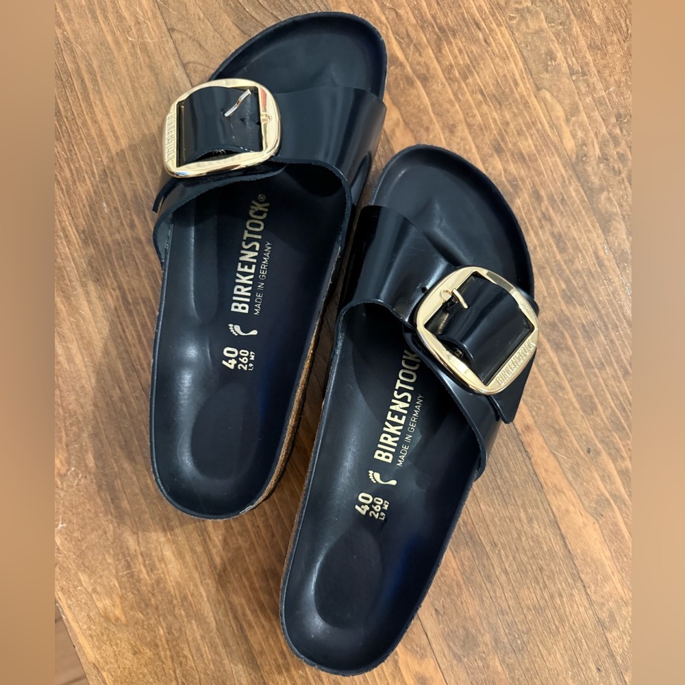 Madrid Big Buckle -Birkenstock Black Sandals with Gold Buckle